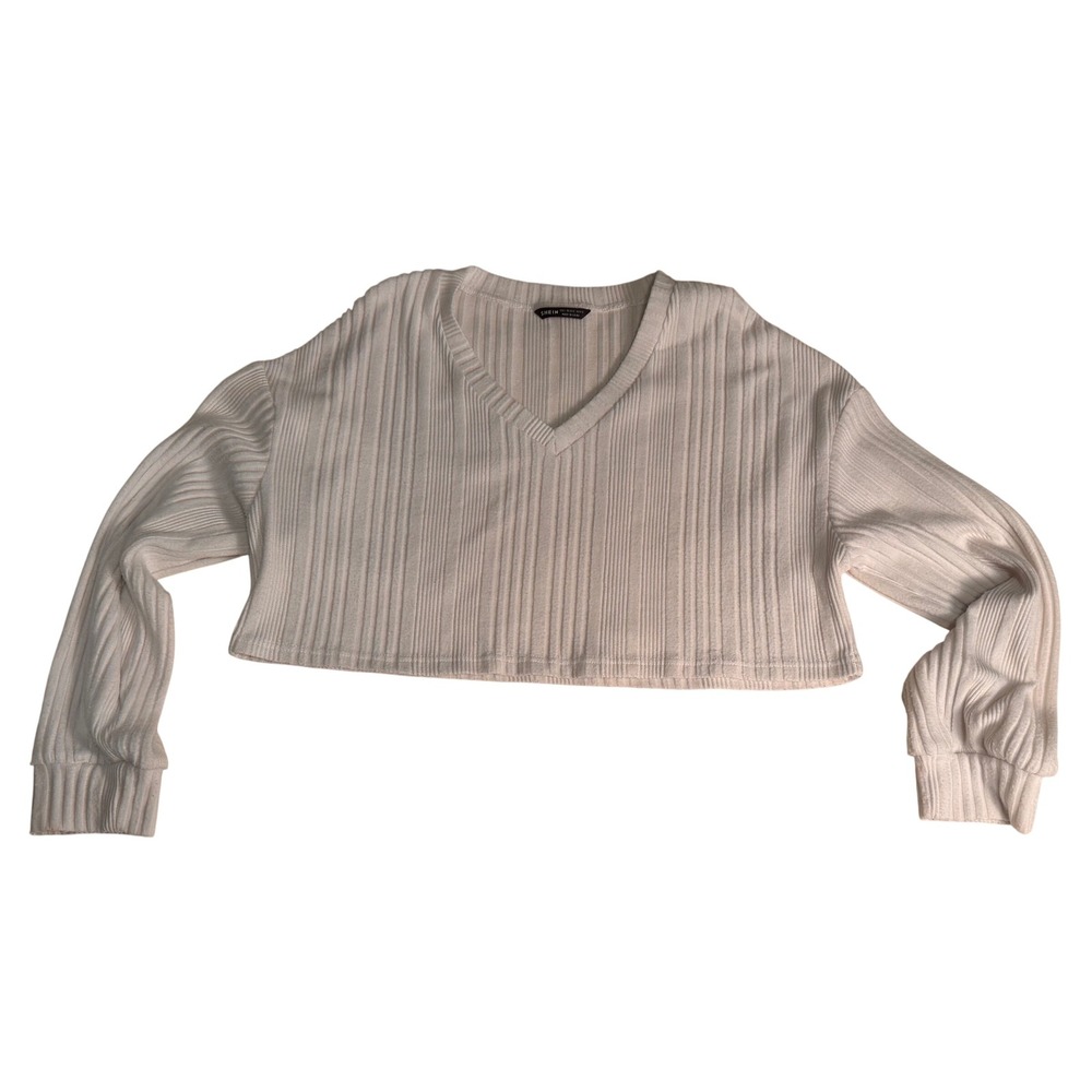 Large White Ribbed Knit V Neck Long Sleeve Cropped Top‎